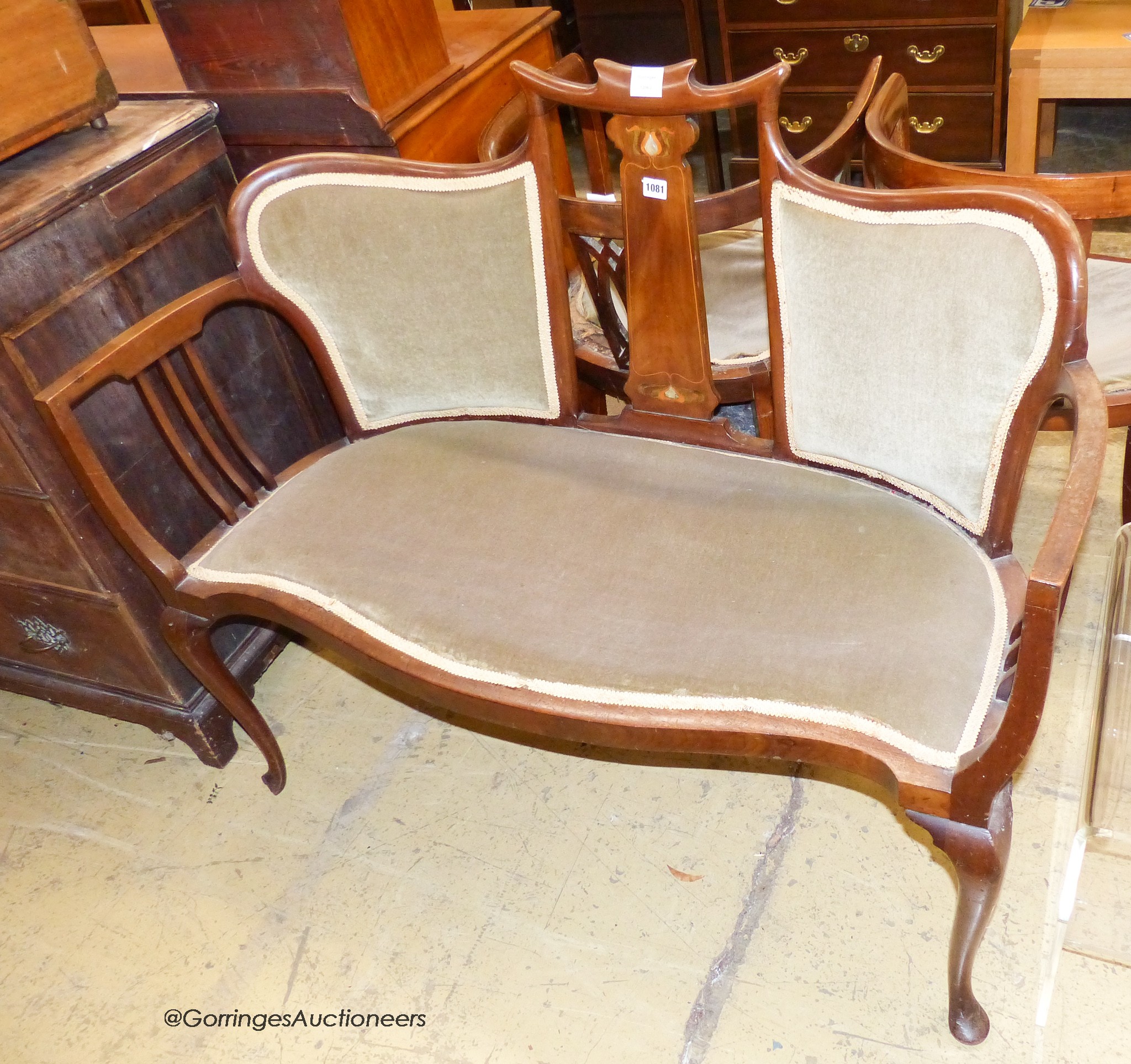 An art nouveau inlaid mahogany settee. W-116, D-54, H-92cm.